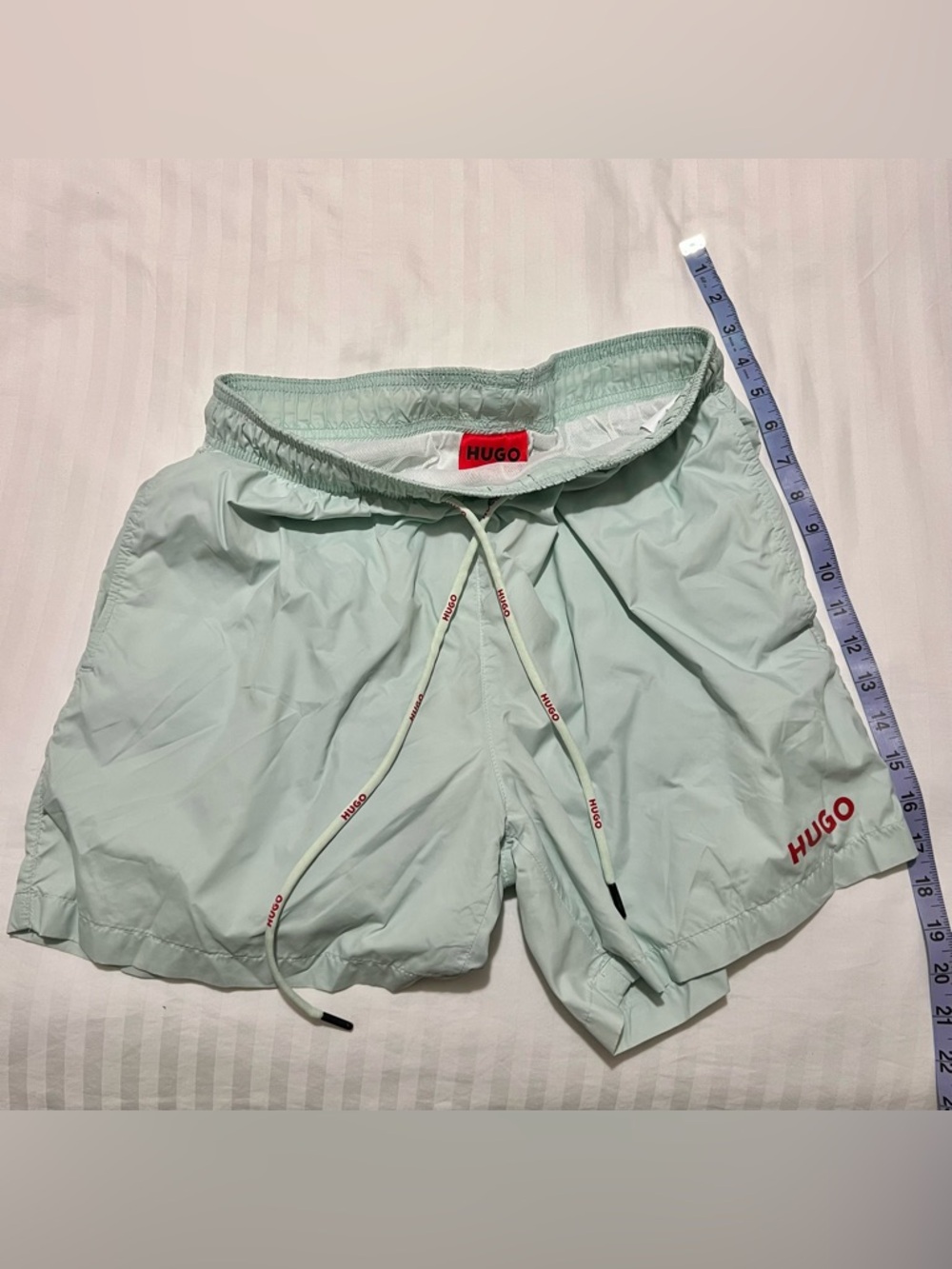 HUGO Light Mint Green Swim Shorts with Red Logo - Picture 5 of 8